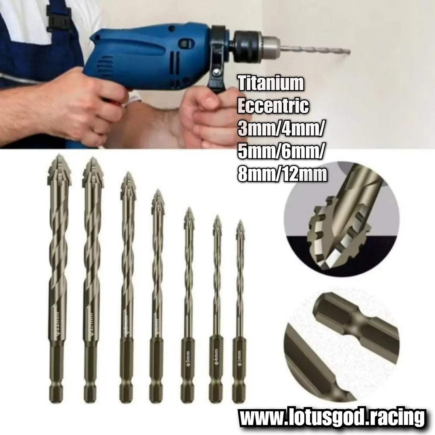 Titanium Eccentric 3mm | 4mm | 5mm | 6mm | 8mm | 10mm | 12mm Drill Bits Set for Tile Brick Glass Plastic Fiberglass Bodykit Bumper Porcelain Ceramic Masonry Wall Wood (7 Pieces)