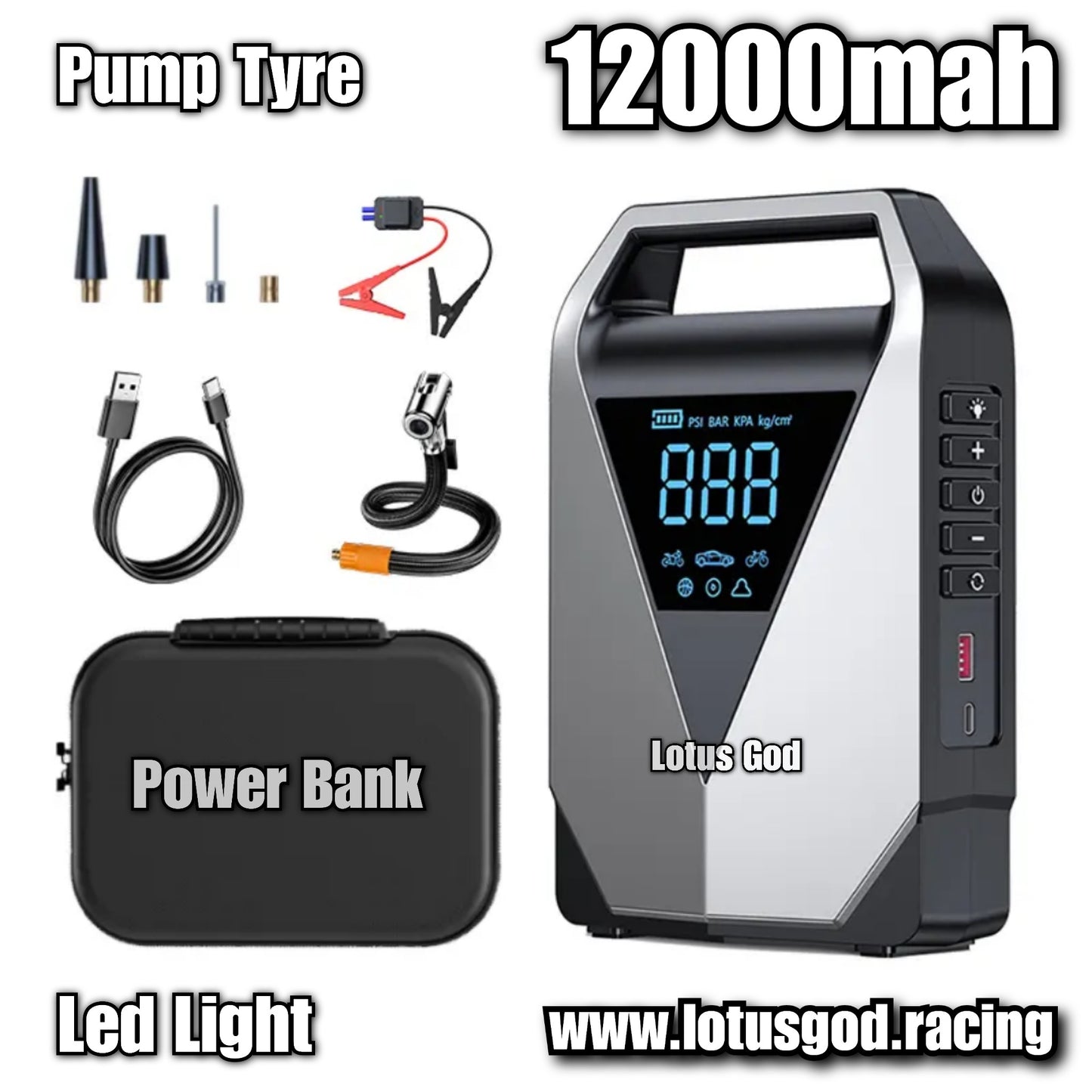 12000mah 4 In 1 Portable 12 Volts Car Jump Start + Air Pump Compressor Tyre Inflator + Power Bank + Led Light 12V Car Battery Starter