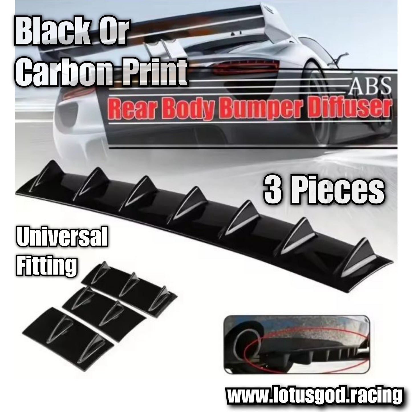 Universal 3 Pieces Black | Carbon Fiber Print 7 Shark Fins Canard Wing Lip Lower Chassis Spolier Diffuser Black ABS For Rear Bumper