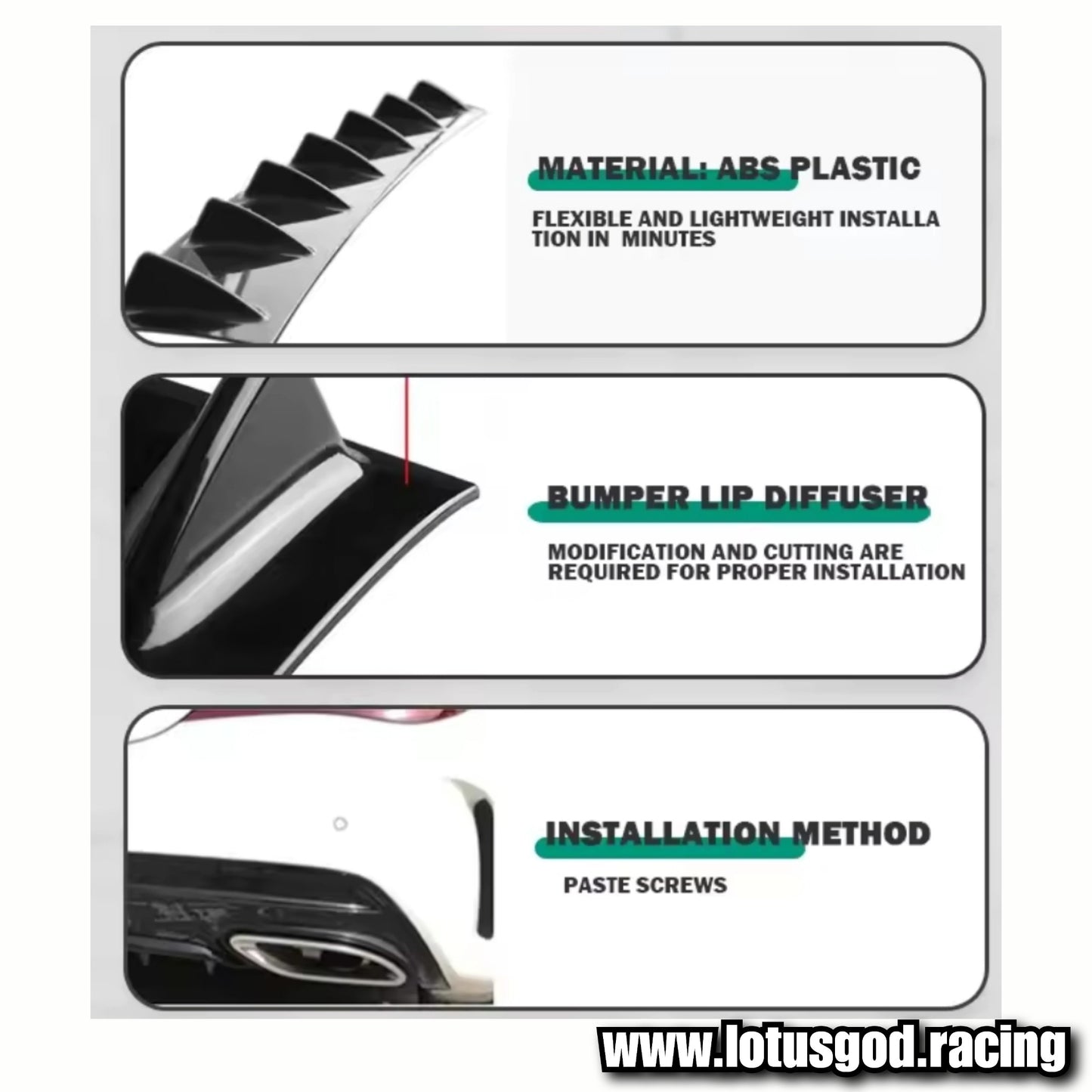 Universal 3 Pieces Black | Carbon Fiber Print 7 Shark Fins Canard Wing Lip Lower Chassis Spolier Diffuser Black ABS For Rear Bumper