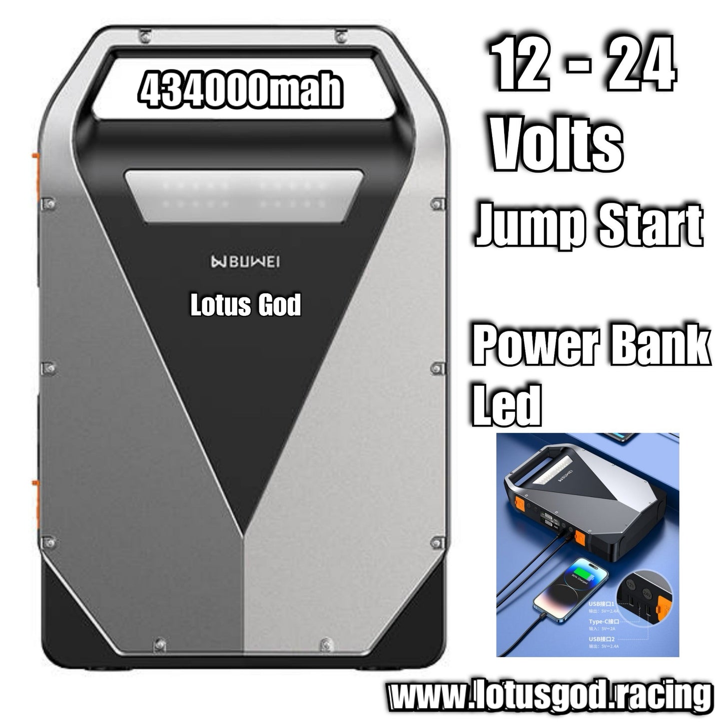 43400mah Universal Powerful 12 Volt - 24 Volts Diesel Petrol Car Truck Van Lorry Trailer Jump Start + Power Bank + Emergency Led Light Rechargeable Type C Battery Supply Starter