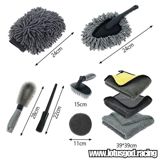 9 Piece Car Bike Wash Set For Upholstery Brush + Detailing Brush + Microfibre Pad + Cloth + Wheel Brush + Drying Towel + Glass Cloth + Washing Mitt + Microfibre Duster