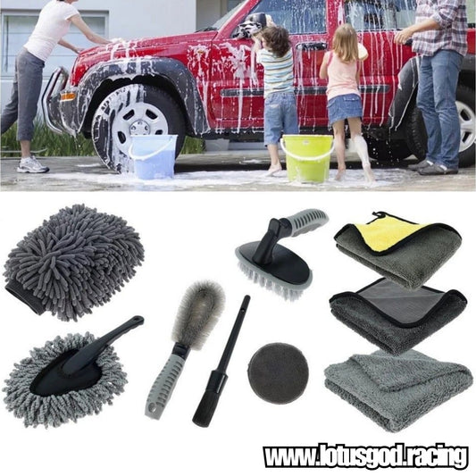 9 Piece Car Bike Wash Set For Upholstery Brush + Detailing Brush + Microfibre Pad + Cloth + Wheel Brush + Drying Towel + Glass Cloth + Washing Mitt + Microfibre Duster