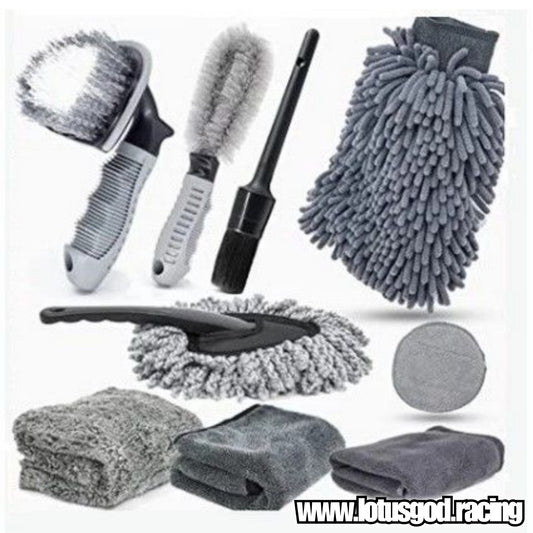 9 Piece Car Bike Wash Set For Upholstery Brush + Detailing Brush + Microfibre Pad + Cloth + Wheel Brush + Drying Towel + Glass Cloth + Washing Mitt + Microfibre Duster