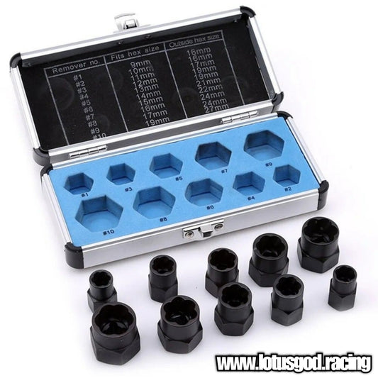 10 X Professional Stripped Bolt Extractor Damaged Screw Broken Nut Remover Tool Kit Box