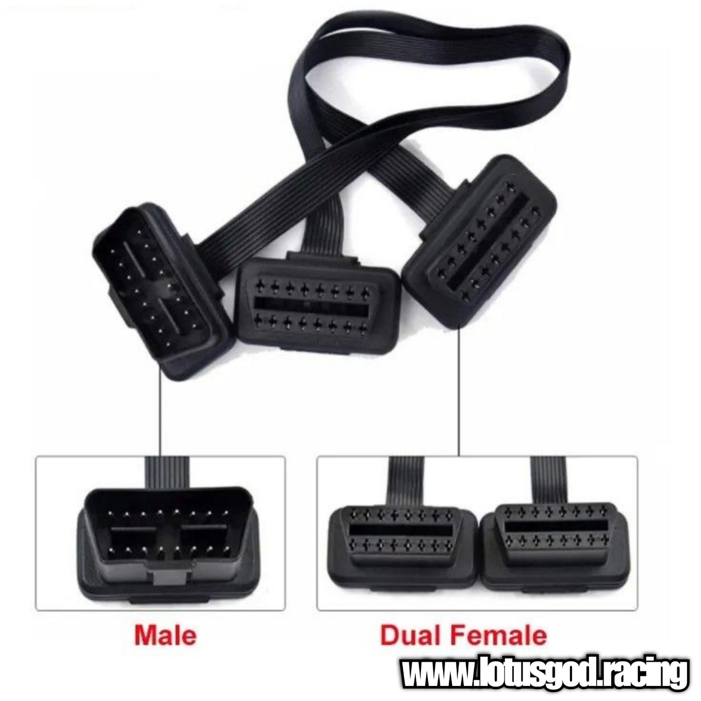 2 | 3 Way Splitter - Flat + Thin 16 Pin OBD 2 Extender OBD2 ELM327 Male To Dual Female Y Elbow OBDII Extension Connector Cable Socket For Car