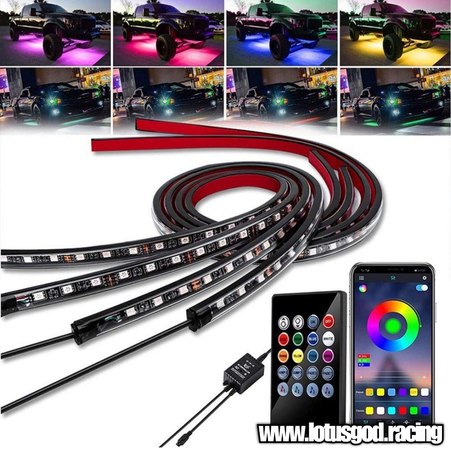 12 Volts Undercarriage RGB Flexible LED Bottom Chassis Underglow Strip Light Waterproof Remote/APP Control Neon Underbody Light Lamp