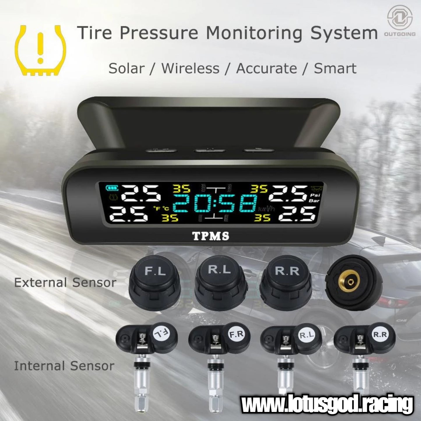 Tpms Wireless Solar Power Rechargeable USB LED Internal | External Tyre Pressure Monitoring System for Real Time Detection