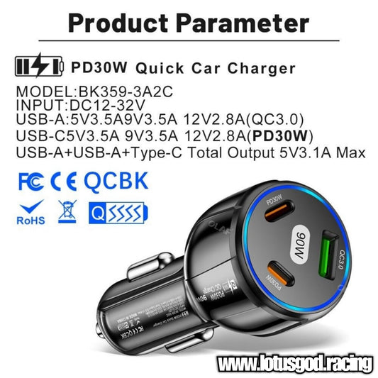 90W 2 X Type C + 1 X USB PD30W Fast Charging Cigarette Lighter Socket Charger For Android Or Iphone Tablet Port Etc