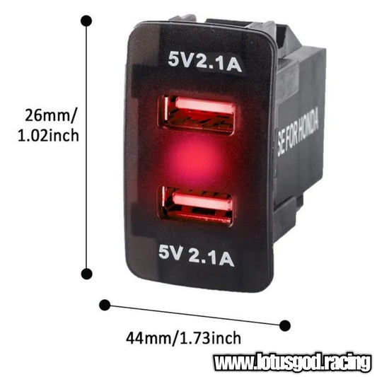 2.1A Dual USB Red Led Charger Socket Panel Fast Charging Red For Honda Type R Or Universal For Car Lorry Van Pick Up Etc