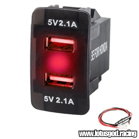 2.1A Dual USB Red Led Charger Socket Panel Fast Charging Red For Honda Type R Or Universal For Car Lorry Van Pick Up Etc