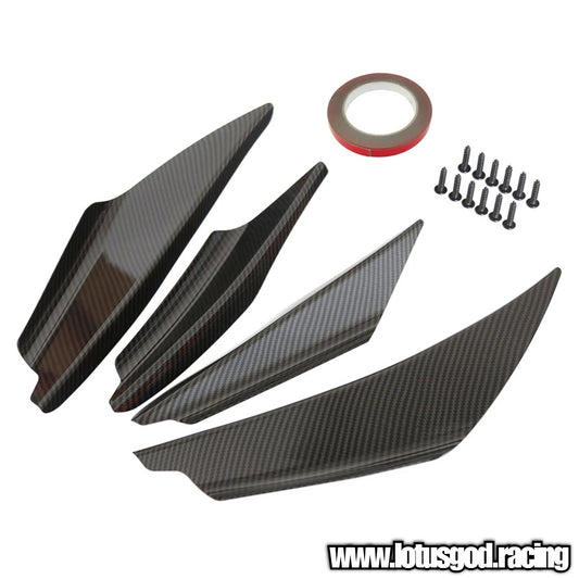 4 X Universal Black | Carbon Fiber Print Front Bumper Rear Splitter Fin Canard Shark Fin Set