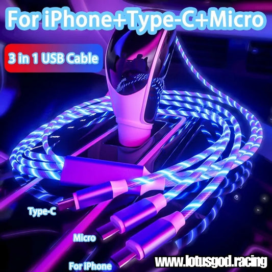 3 in 1 Super Led Glowing Dream Light 3A Fast Charging Micro USB Type C For iPhone Samsung Xiaomi Redmi Phone Charger USB Cable