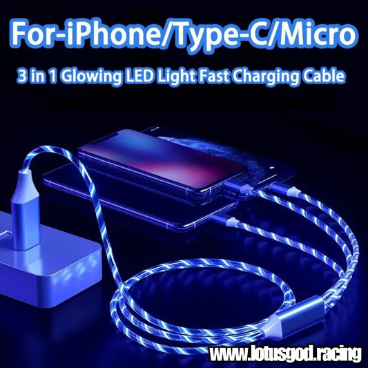 3 in 1 Super Led Glowing Dream Light 3A Fast Charging Micro USB Type C For iPhone Samsung Xiaomi Redmi Phone Charger USB Cable