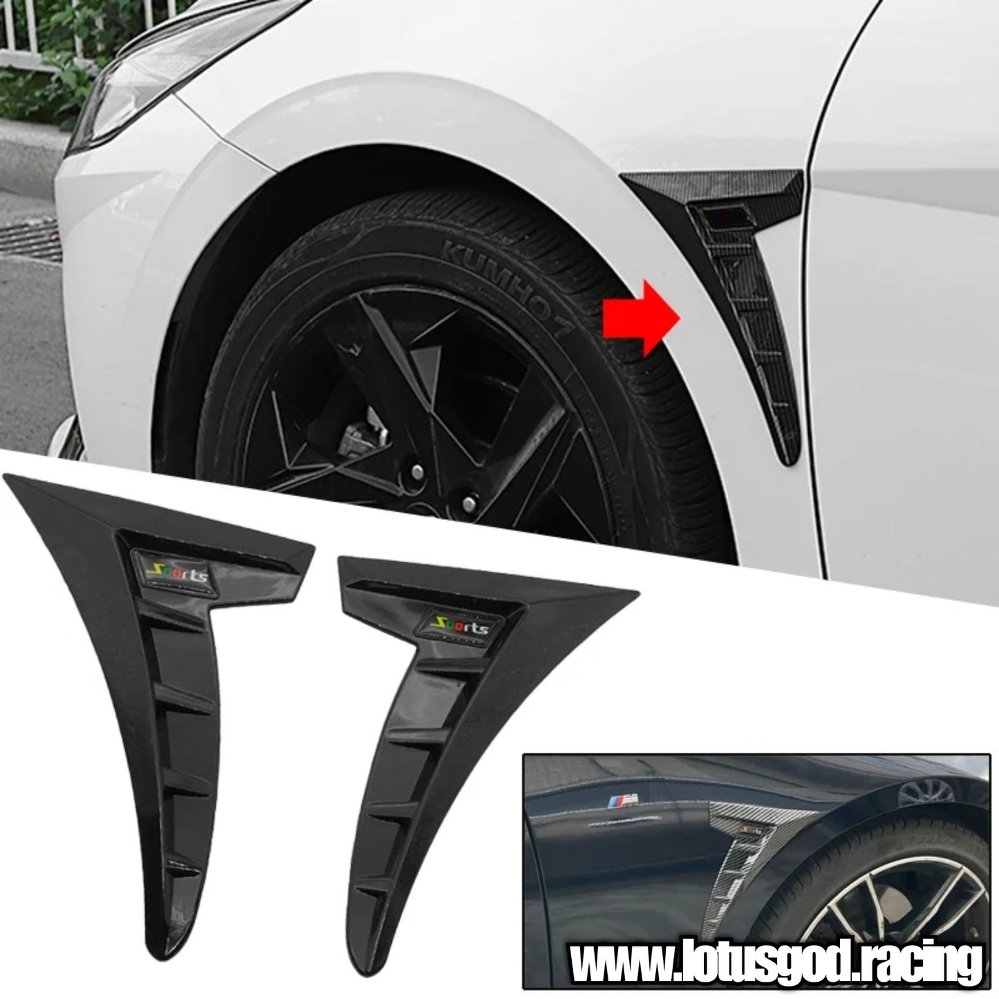 Universal Black | Carbon Fiber Front 7 Fender Bumper Air Flow Intake Shark Fin Panel Grill Vent