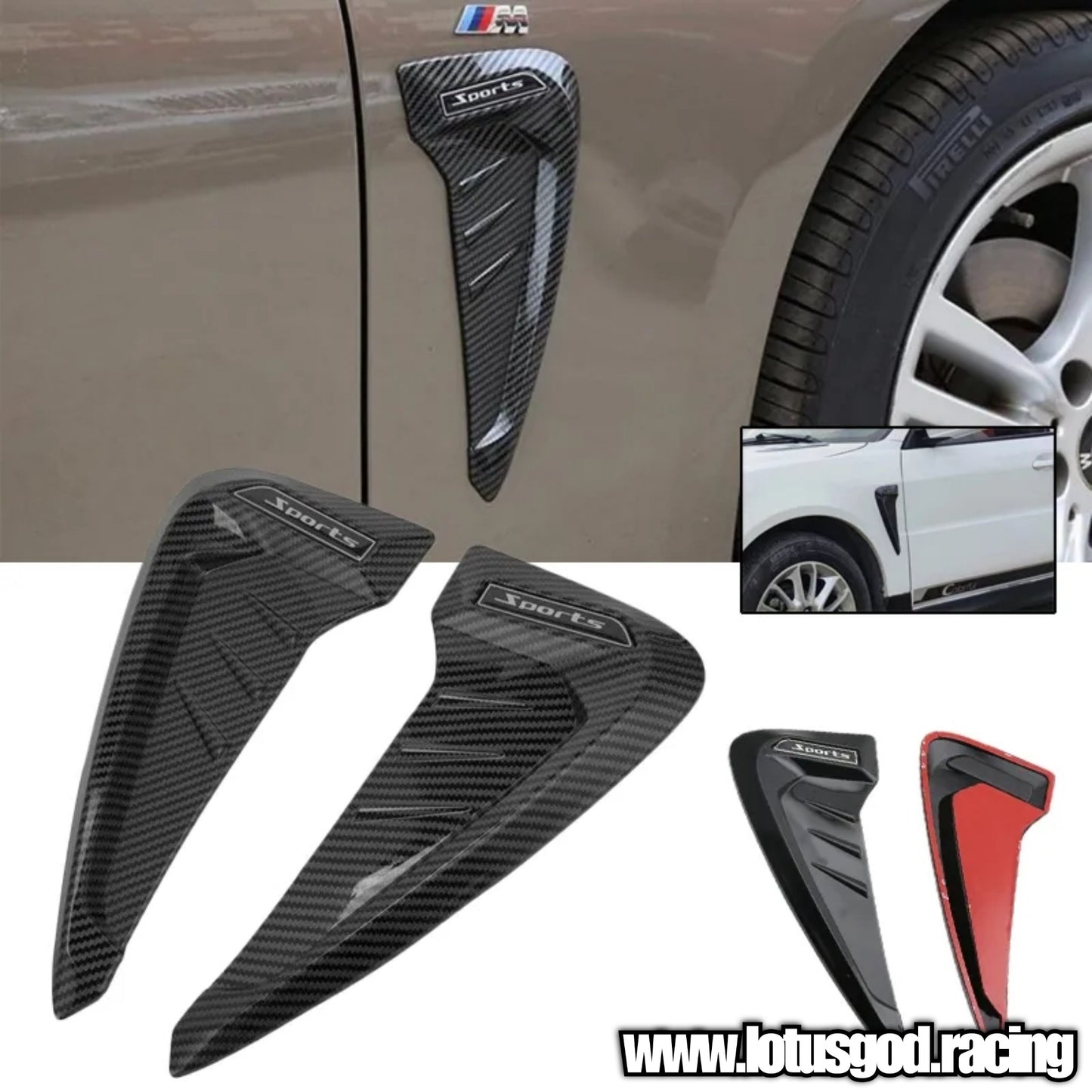 Universal Black | Carbon Fiber Front Fender Bumper Air Flow Intake Shark Fin Panel Grill Vent