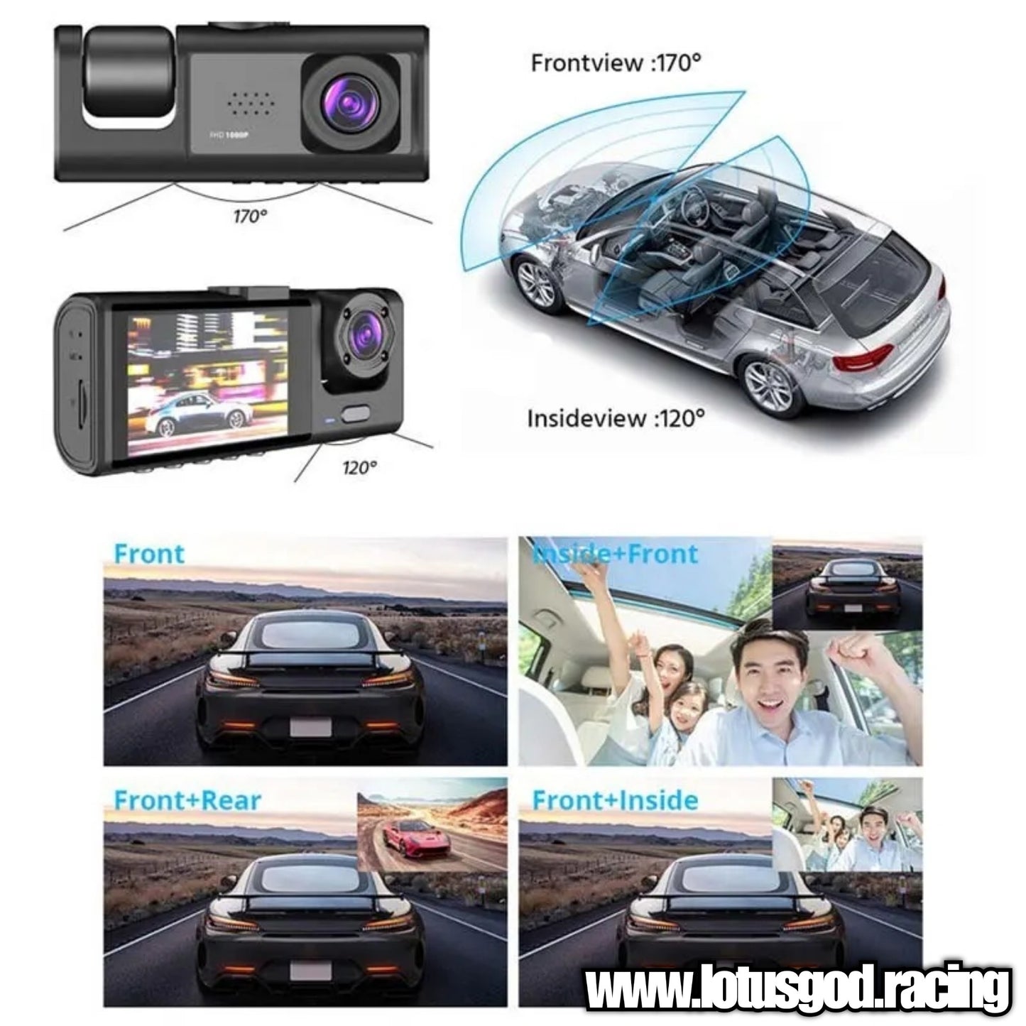 2 Front Dash Cam Dual Lens Adjustable Inside Camera + 1 Rear Cam 32gb Sd Card 2 Inch Screen G-sensor HD Night Vision Wide Angle Car DVR Driving Recorder (3 Cameras)