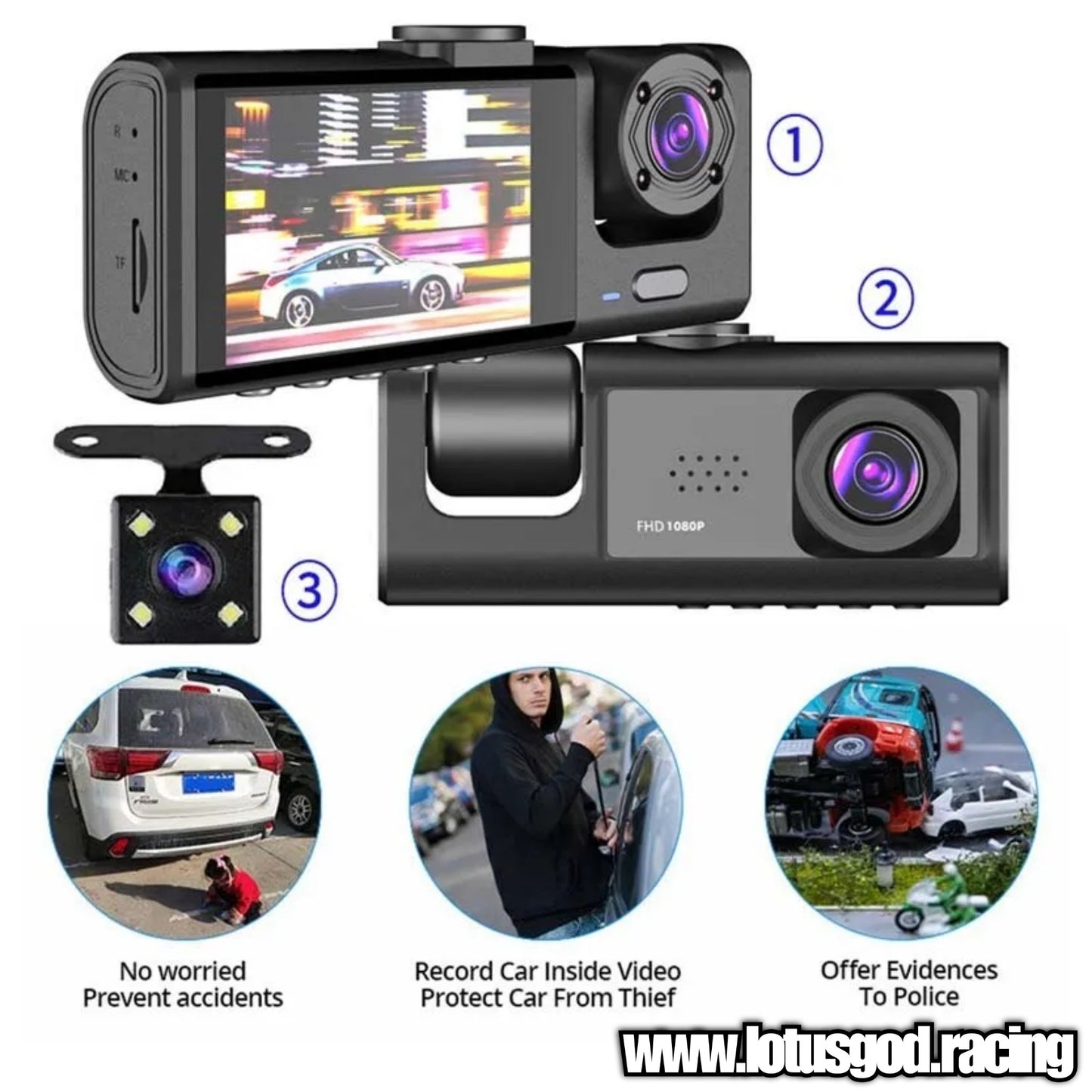 2 Front Dash Cam Dual Lens Adjustable Inside Camera + 1 Rear Cam 32gb Sd Card 2 Inch Screen G-sensor HD Night Vision Wide Angle Car DVR Driving Recorder (3 Cameras)