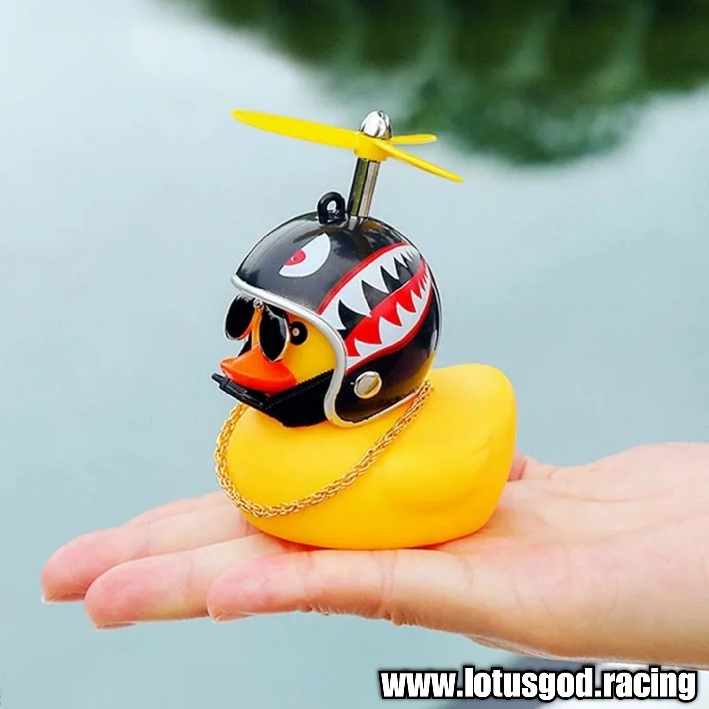 Cute Gangster Rubber Duck On Sunglasses & Gold Chain With Helmet + Helicopter Blade Car Dashboard Motorcycle Ebike Home Display