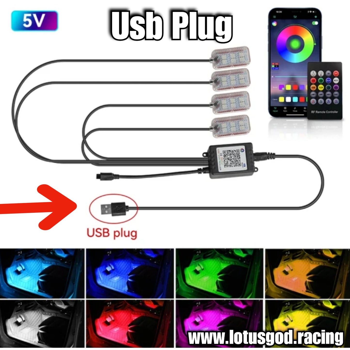 Universal USB Powered 12v Cigarette Lighter Socket Wireless App Music Remote Control Rainbow Colours RGB Interior LED Lights For Car Lorry Van Pick Up Interior Dashboard Foot Boot Etc