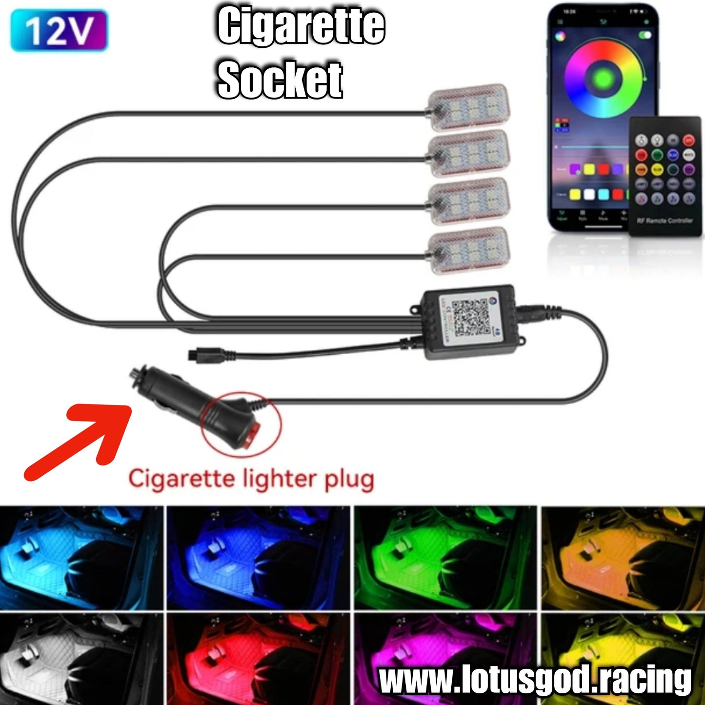 Universal USB Powered 12v Cigarette Lighter Socket Wireless App Music Remote Control Rainbow Colours RGB Interior LED Lights For Car Lorry Van Pick Up Interior Dashboard Foot Boot Etc