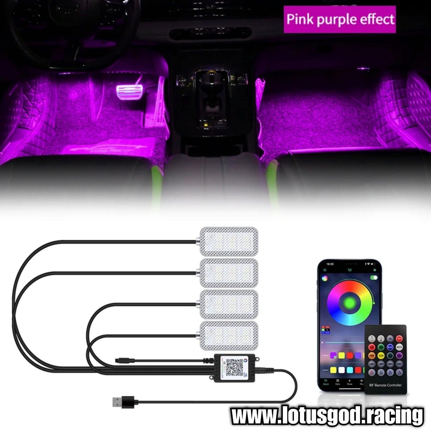 Universal USB Powered 12v Cigarette Lighter Socket Wireless App Music Remote Control Rainbow Colours RGB Interior LED Lights For Car Lorry Van Pick Up Interior Dashboard Foot Boot Etc