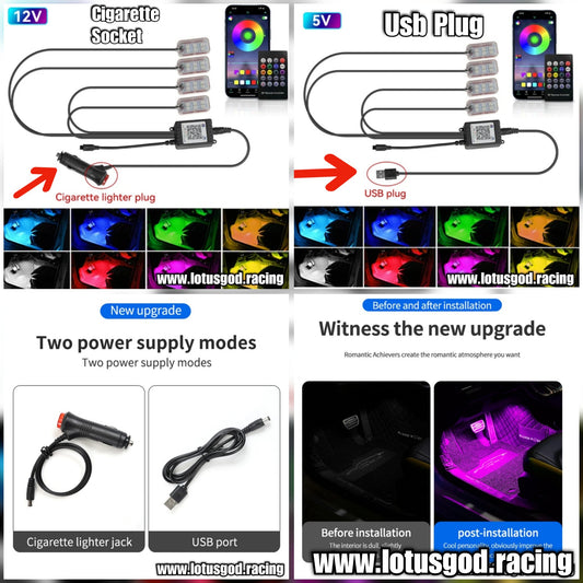 Universal USB Powered 12v Cigarette Lighter Socket Wireless App Music Remote Control Rainbow Colours RGB Interior LED Lights For Car Lorry Van Pick Up Interior Dashboard Foot Boot Etc