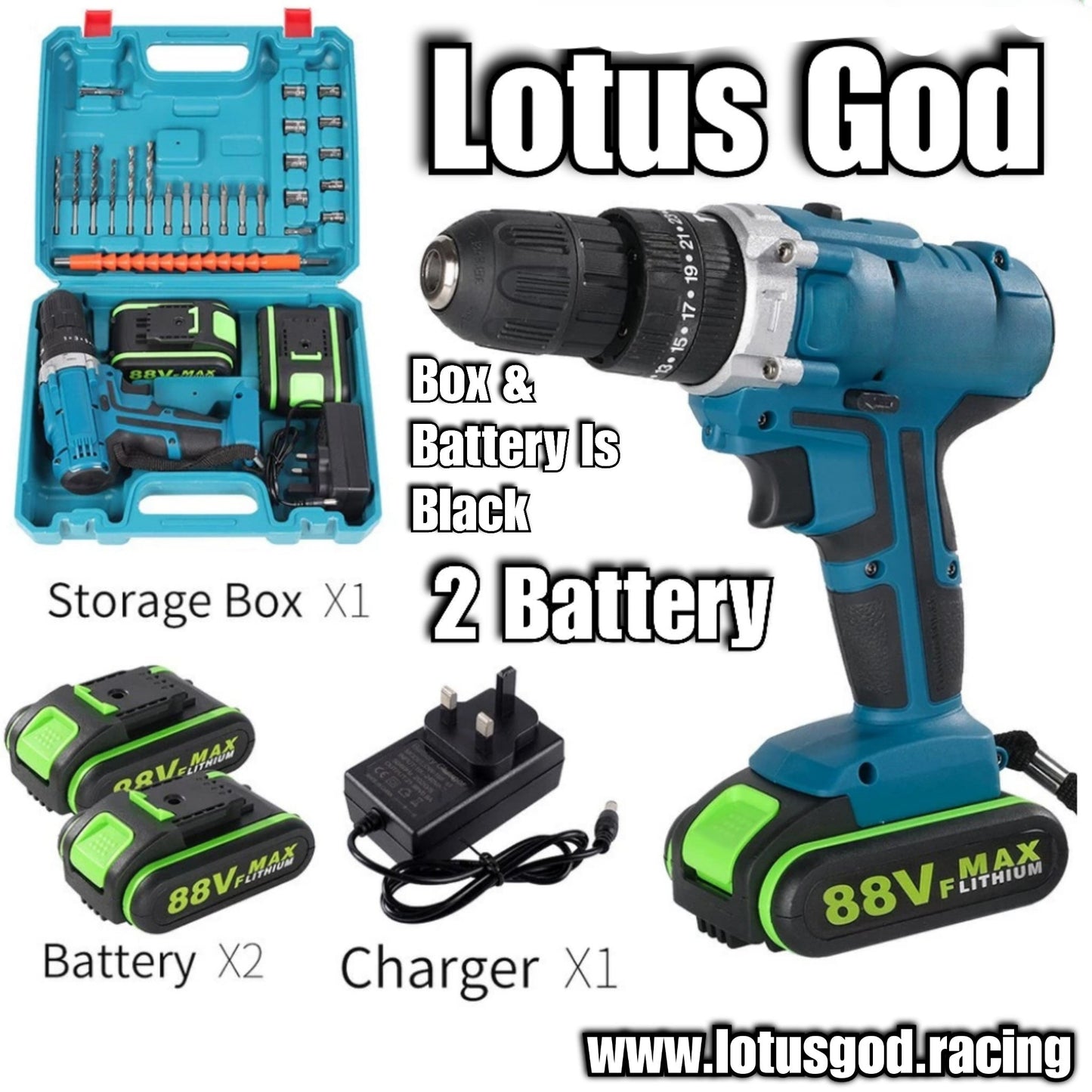 88V Wireless Portable Cordless Electric Impact Power Torque Drill + 2 Rechargeable Battery + Charger + Black Case Box