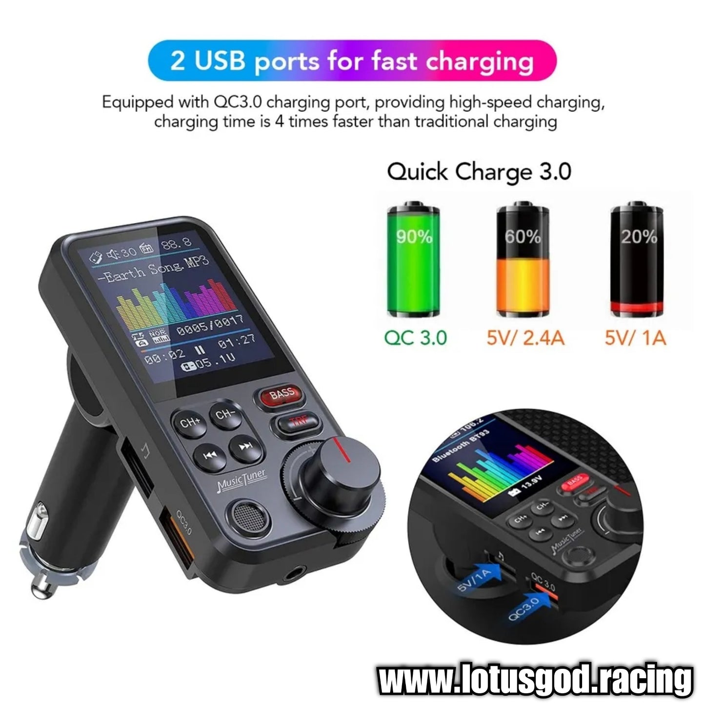 2 in 1 Bluetooth 5.0 Car Cigarette Socket TF Card MP3 FM Transmitter + USB Type C Quick Charge - Rainbow Led Lights