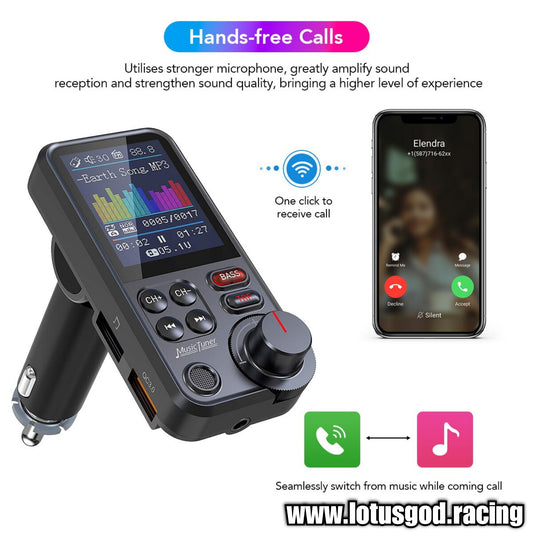 2 in 1 Bluetooth 5.0 Car Cigarette Socket TF Card MP3 FM Transmitter + USB Type C Quick Charge - Rainbow Led Lights