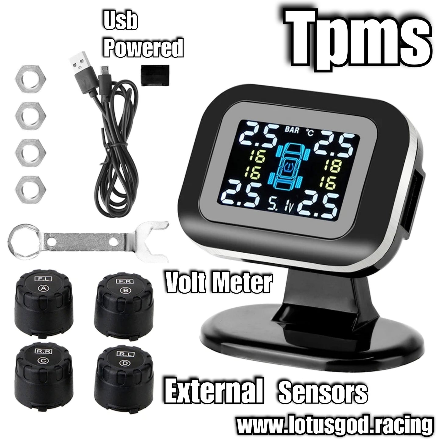 USB Powered + Volt Meter Led External Tyre Pressure Monitoring System For Real Time Tyre Leak Air Detection - TPMS For Car Van Pick Up Truck Lorry Tires