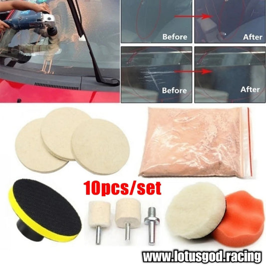 10 Pieces Tampered Glass Polish Kit For Window Windscreen Windshield Light Swirl Watermark Scratch Remover + Waxing Pads With Polishing Cerium Oxide Powder Refurbishing Tool