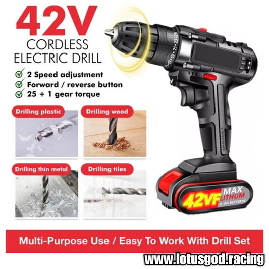 48V Wireless Portable Cordless Electric Impact Power Torque Drill + 1 42Vf Rechargeable Lithum Battery + Charger + Black Case Box