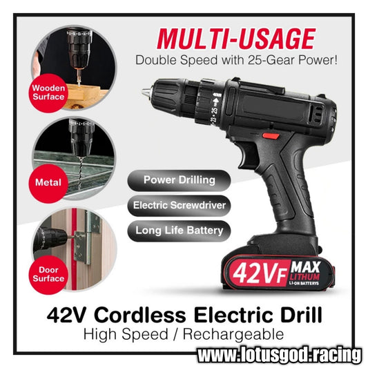 48V Wireless Portable Cordless Electric Impact Power Torque Drill + 1 42Vf Rechargeable Lithum Battery + Charger + Black Case Box