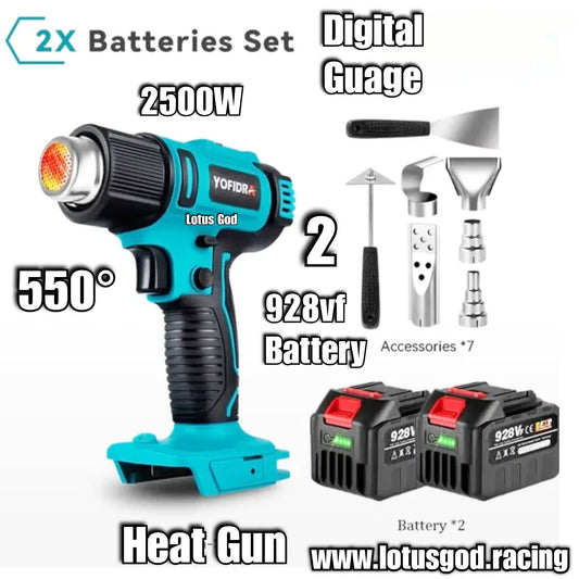 2500W Rechargeable 18V Portable 50 Degree - 550℃ High | Low 2 Gears High Digital Temperature Wind Display 6 Gear Led Cordless Hot Air Gun Handheld Heating Equipment + 2 X Very Big18 Volts 928vf Battery Set