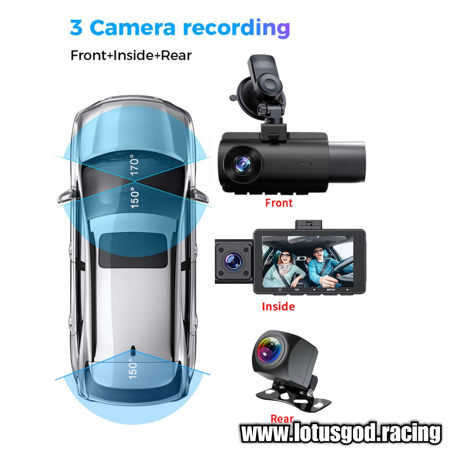 3 Channel Ultra HD Vison & Clear Dash Cam for 2 Front + 1 Rear 1080P Wide Angle View 130 Degree Camera + 64gb Sd Card For Vehicle GPS WIFI G Sensor Dvr Video Recorder 24 Hours Parking Monitor