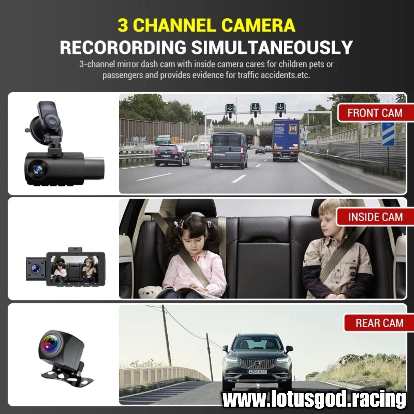 3 Channel Ultra HD Vison & Clear Dash Cam for 2 Front + 1 Rear 1080P Wide Angle View 130 Degree Camera + 64gb Sd Card For Vehicle GPS WIFI G Sensor Dvr Video Recorder 24 Hours Parking Monitor