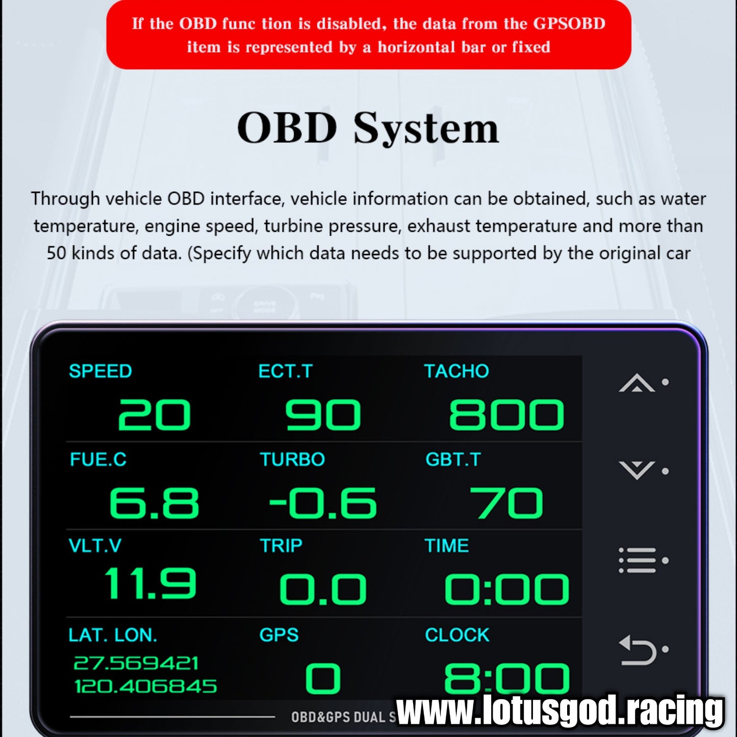 Dufi XS OBD2 Touch Screen GPS Turbo Boost Racing Display Gauge Real time Display Speedometer Odometer