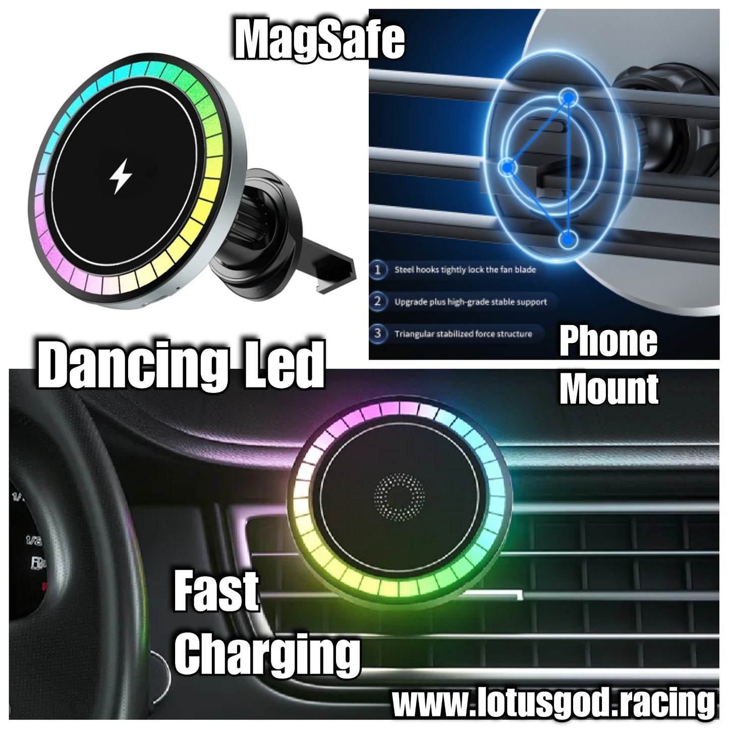 15W Air Con Vent Clip Magnet Wireless Rainbow Disco Flashing Led Light Car Charger Magnetic Mount Phone Holder Stand For Fast Charging MagSafe iPhone Mini Pro Max