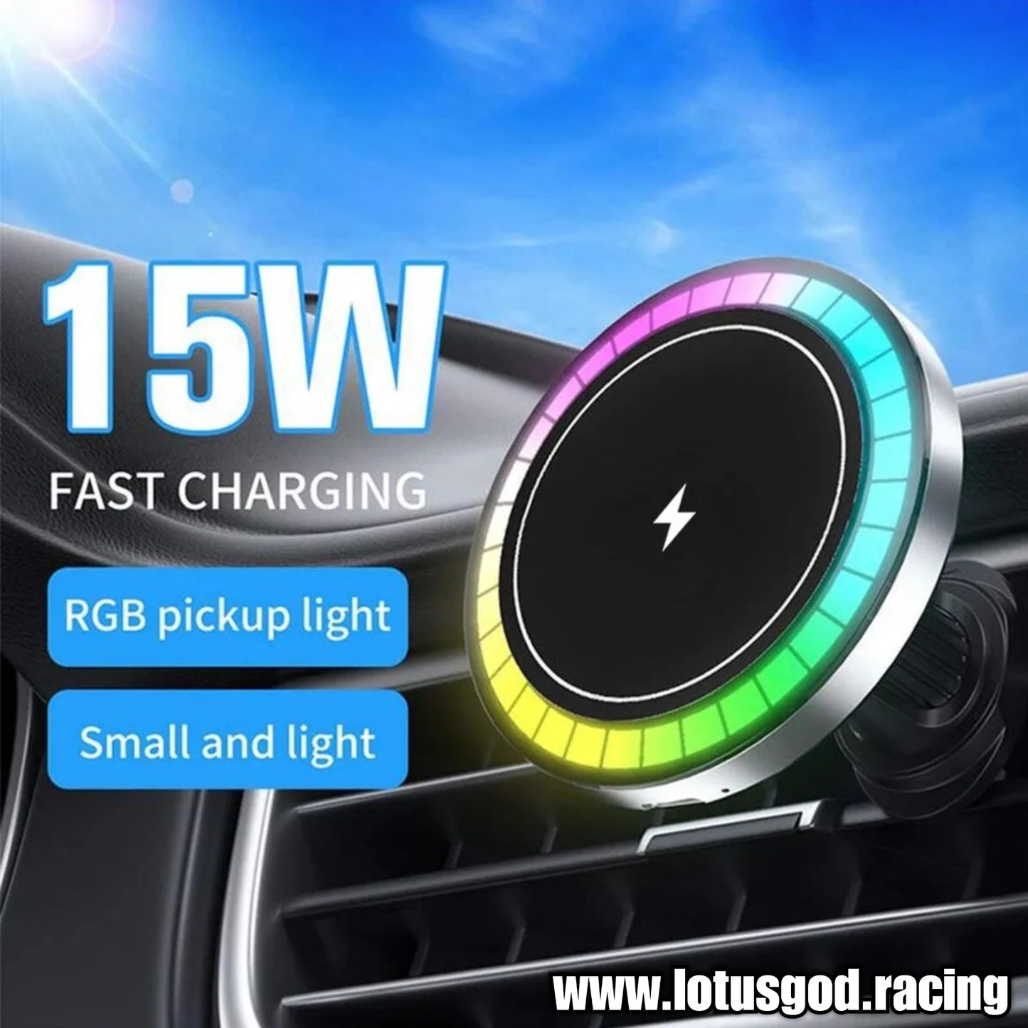 15W Air Con Vent Clip Magnet Wireless Rainbow Disco Flashing Led Light Car Charger Magnetic Mount Phone Holder Stand For Fast Charging MagSafe iPhone Mini Pro Max