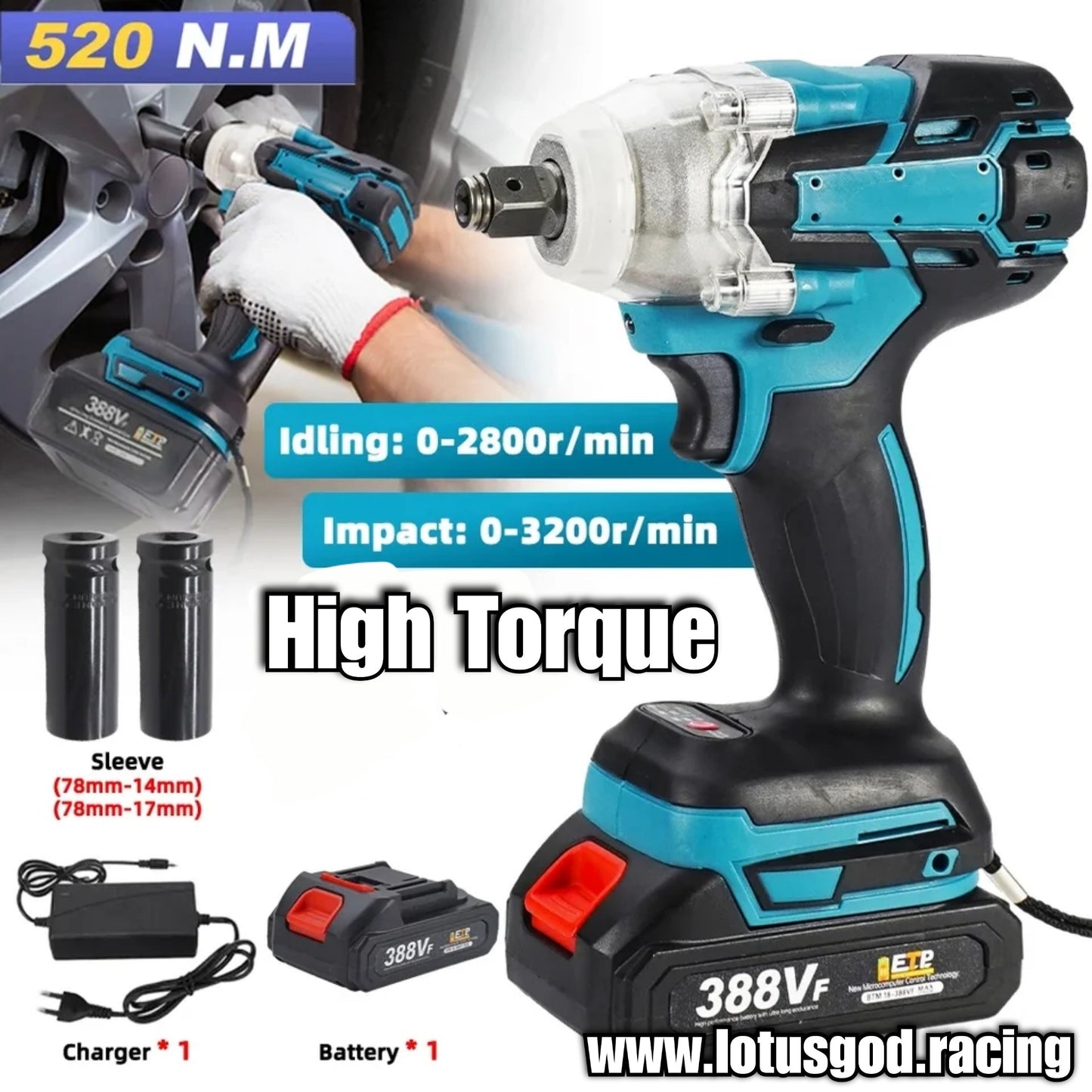 1/2" Square Drive 520Nm Cordless Electric Impact Wrench Brushless Electric Hand Gun Drill 14mm | 17mm Wheel Nut Bolt Socket Power Tool + 388V Lithum Battery