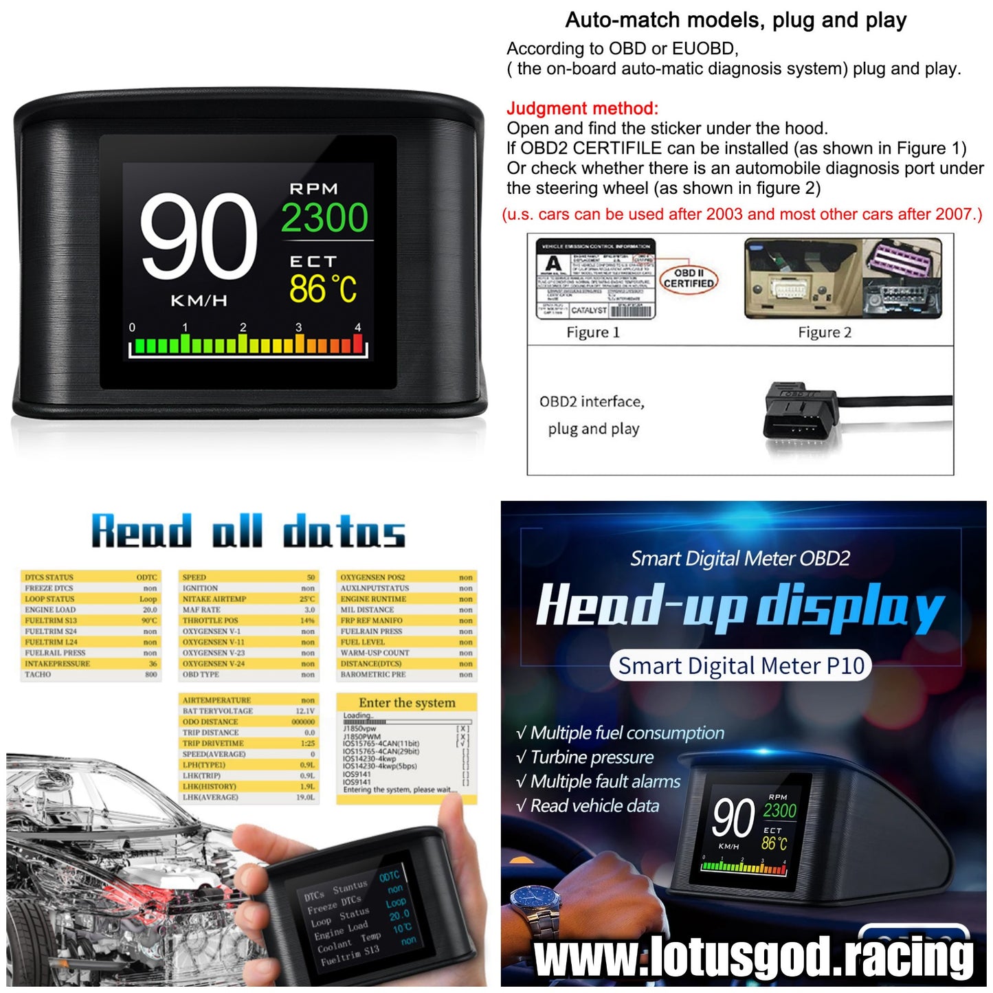 Obd2 Head Up Display HUD GPS Auto VSD Smart Car On Board Computer Gauge Speed Alarm Water Temperature Rpm Read Clear Fault Codes Speedometer Fuel Consumption Meter