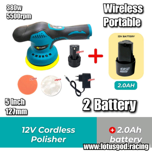 12v Rechargeable 380w Wireless Cordless 5500rpm Waxing Multifunctional Polish Metal Rust Sanding Waxing Restore Dull Blur Car Paint Work Buffing Machine + 2 Battery & 2 Sponge Set