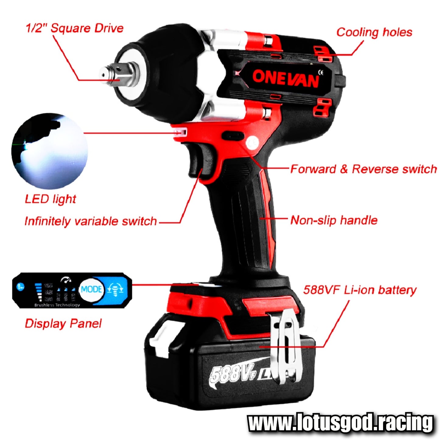 1/2" Square Drive 1800Nm Cordless Impact Wrench Brushless Electric Hand Gun Drill Wheel Nut Screw Bit Bolt Socket Power Tool + 2 Lithum 588vf Battery Case Box