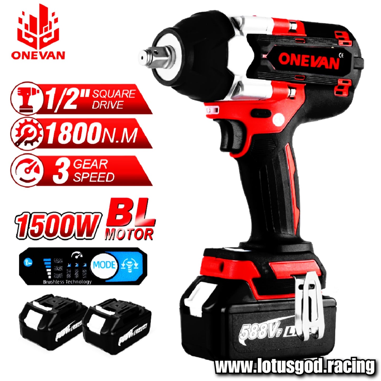 1/2" Square Drive 1800Nm Cordless Impact Wrench Brushless Electric Hand Gun Drill Wheel Nut Screw Bit Bolt Socket Power Tool + 2 Lithum 588vf Battery Case Box