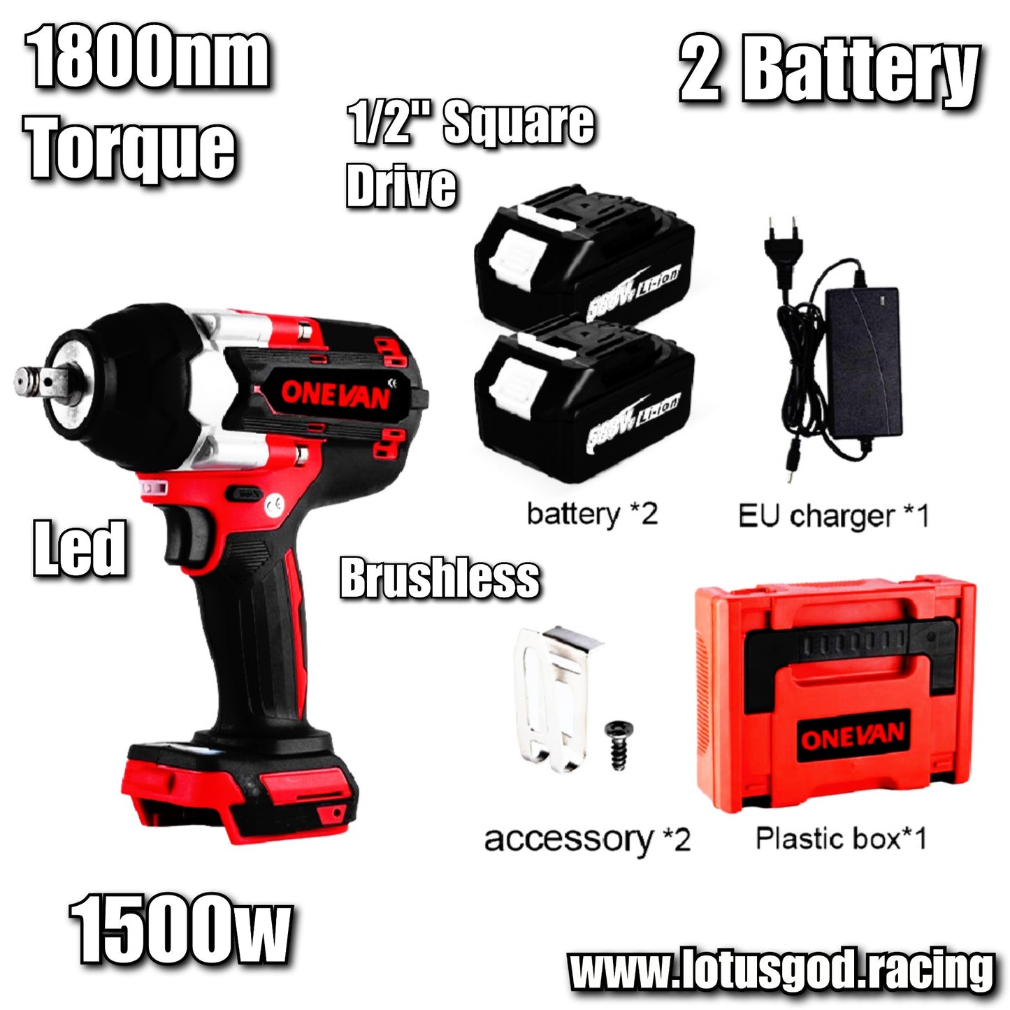 1/2" Square Drive 1800Nm Cordless Impact Wrench Brushless Electric Hand Gun Drill Wheel Nut Screw Bit Bolt Socket Power Tool + 2 Lithum 588vf Battery Case Box