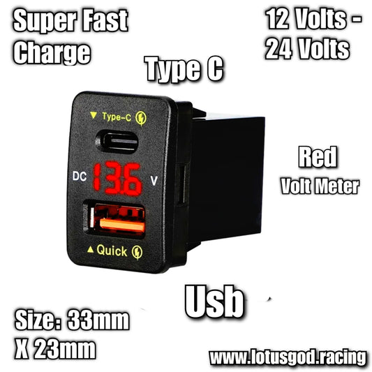 12V / 24V PD QC 3.0A Super Fast Quick Charging Dual 36W Type C | USB Red Volt Meter Led Charger Socket Plug Panel Display For Toyota Or Universal For Other Vehicles