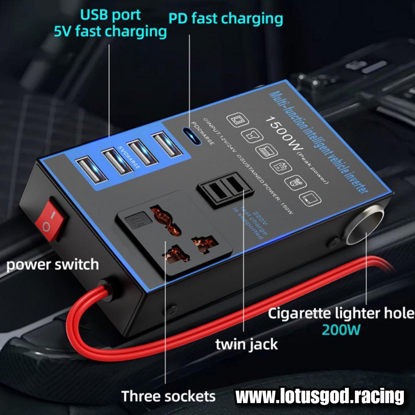 1500W Cigarette Socket Lighter Inverter 12V | 24 Volts To 220V 230V Plug Voltage Converter + 4 USB + PD Fast Charging Port EU/UK/AU/Universal Socket Car Truck Van Lorry Accessories