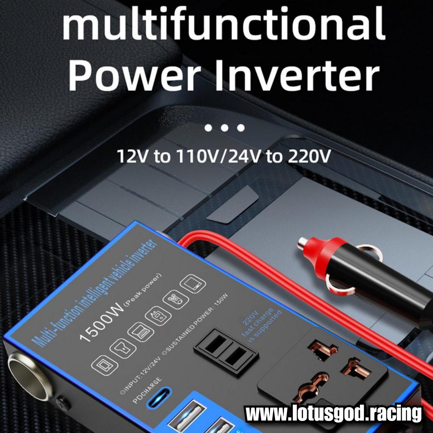 1500W Cigarette Socket Lighter Inverter 12V | 24 Volts To 220V 230V Plug Voltage Converter + 4 USB + PD Fast Charging Port EU/UK/AU/Universal Socket Car Truck Van Lorry Accessories