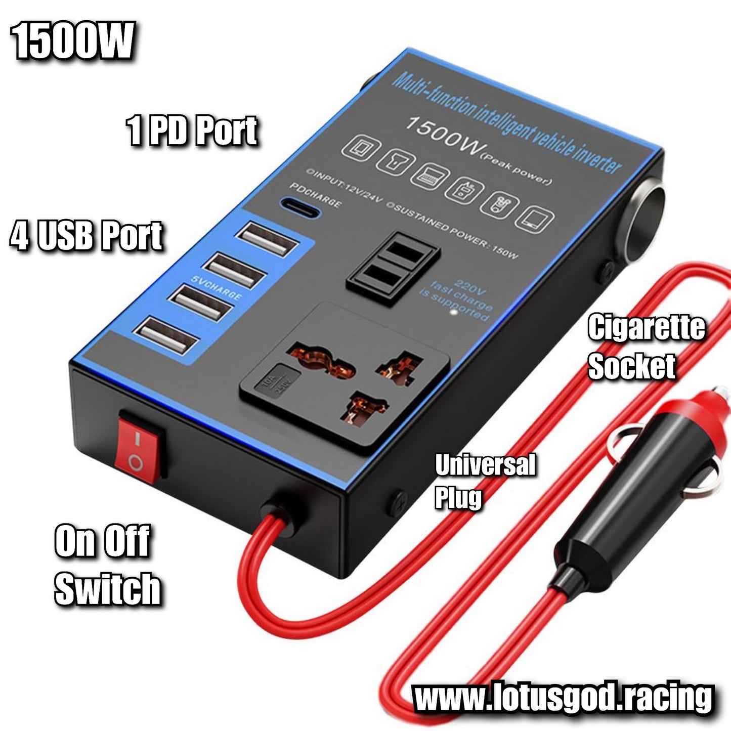 1500W Cigarette Socket Lighter Inverter 12V | 24 Volts To 220V 230V Plug Voltage Converter + 4 USB + PD Fast Charging Port EU/UK/AU/Universal Socket Car Truck Van Lorry Accessories